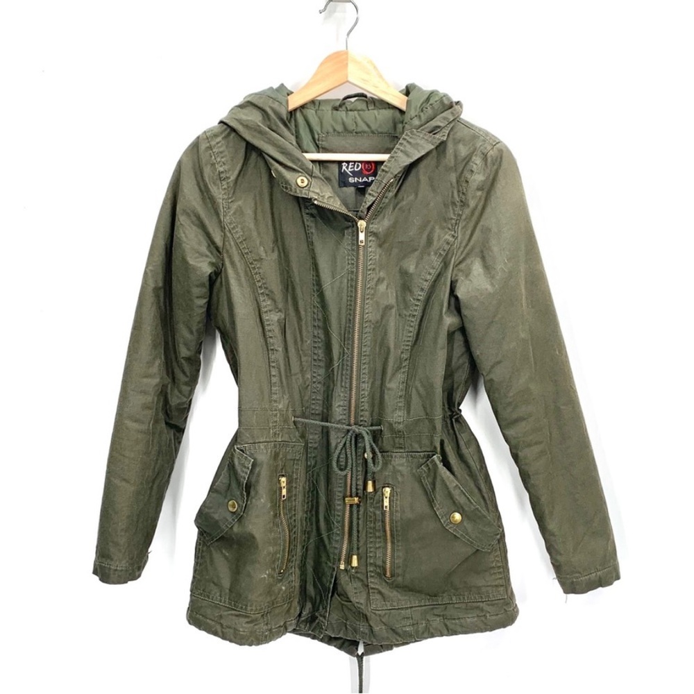 Red Snap Army Green Zip Up hooded Cargo Utility Jacket Coat Size Small